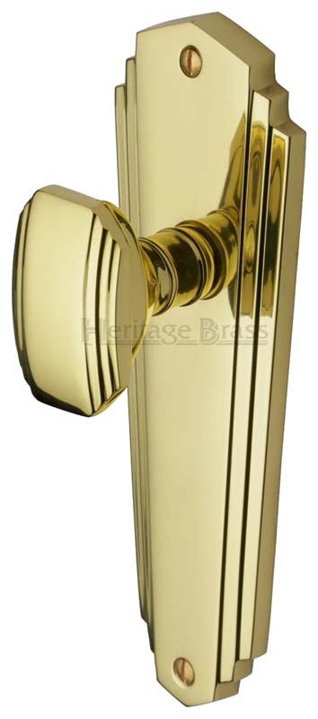 Charlston Art Deco Style Polished Brass Door Knob on Latch Plate Set