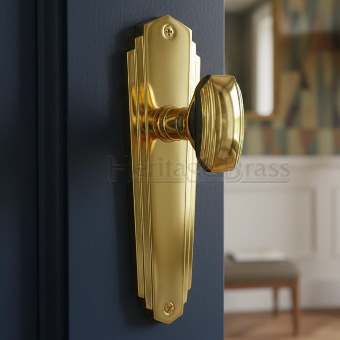 Charlston Art Deco Style Polished Brass Door Knob on Latch Plate Set