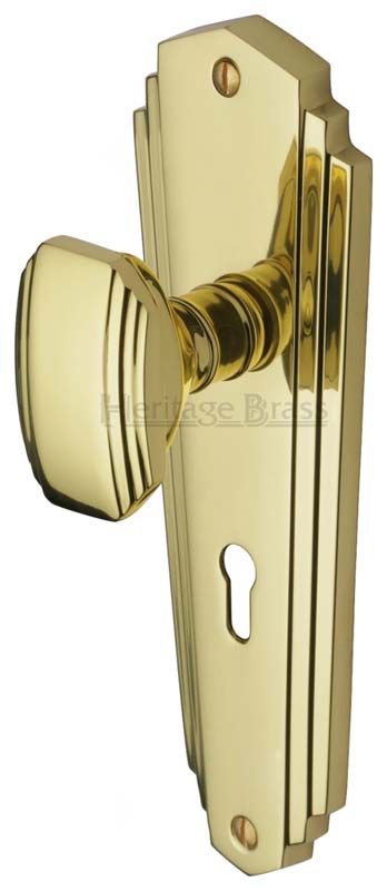 Charlston Art Deco Style Polished Brass Keyhole Door Knob Set