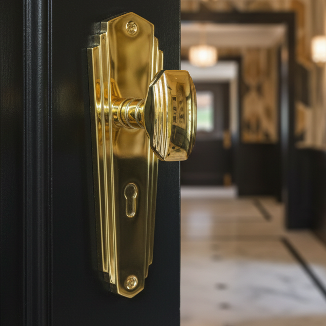 Charlston Art Deco Style Polished Brass Keyhole Door Knob Set
