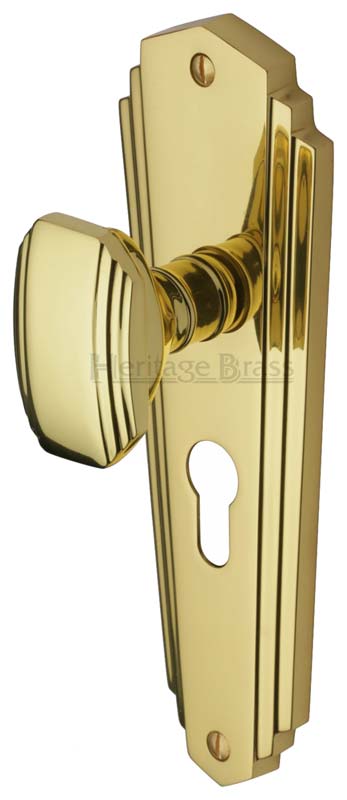 Charlston Art Deco Style Pol Brass 48mm Euro Cylinder Door Knob Set