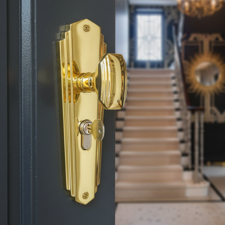 Charlston Art Deco Style Pol Brass 48mm Euro Cylinder Door Knob Set