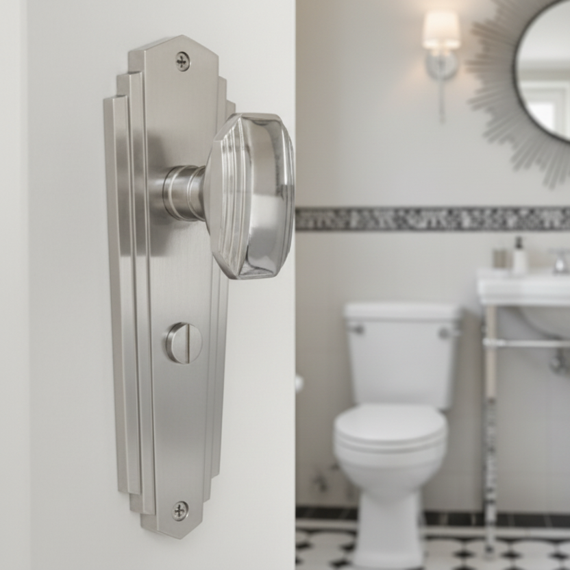 Charlston Art Deco Style Satin Chrome Bathroom Door Knob Set