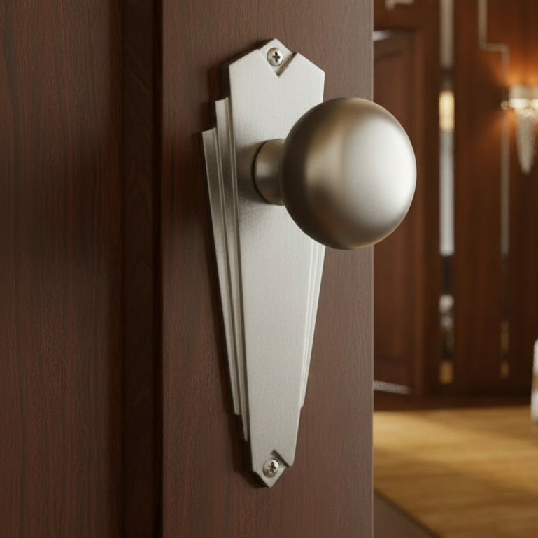 Broadway Satin Chrome Door Knob on Latch Plate Set