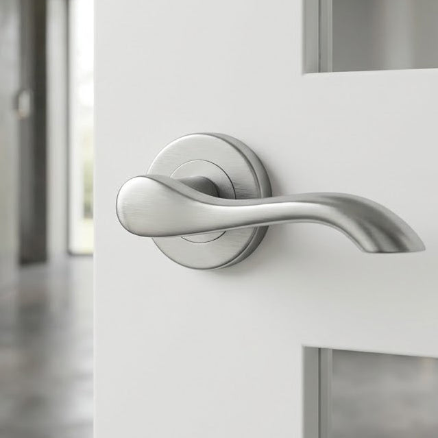 Aurora Satin Chrome Scroll Lever on Rose Set