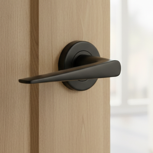 Tapered matt black lever on a round rose fitted to a light oak door