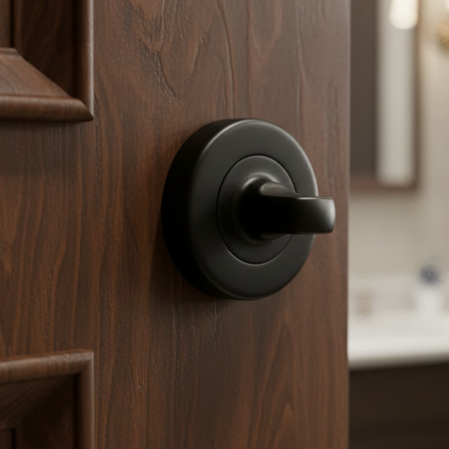 Matt black bathroom turn on a round rose fitted to a dark wood panelled door, with a bathroom basin beyond