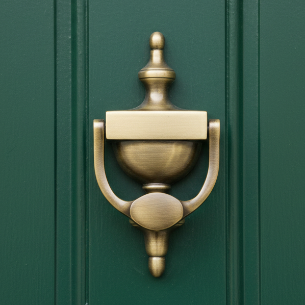Antique brass urn door knocker on a green front door