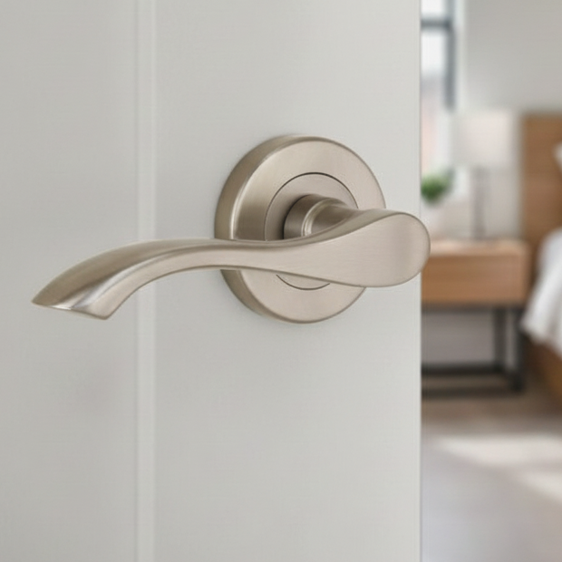 Satin Nickel Algarve Lever On Rose Door Handles