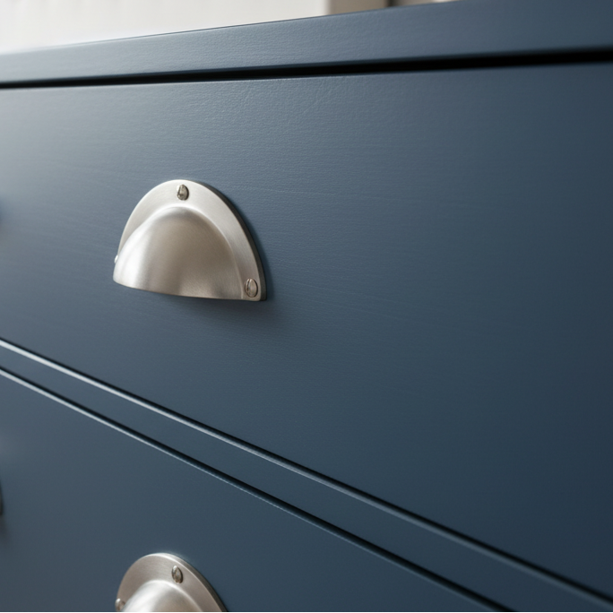 Cup pulls fitted to painted cabinet drawers