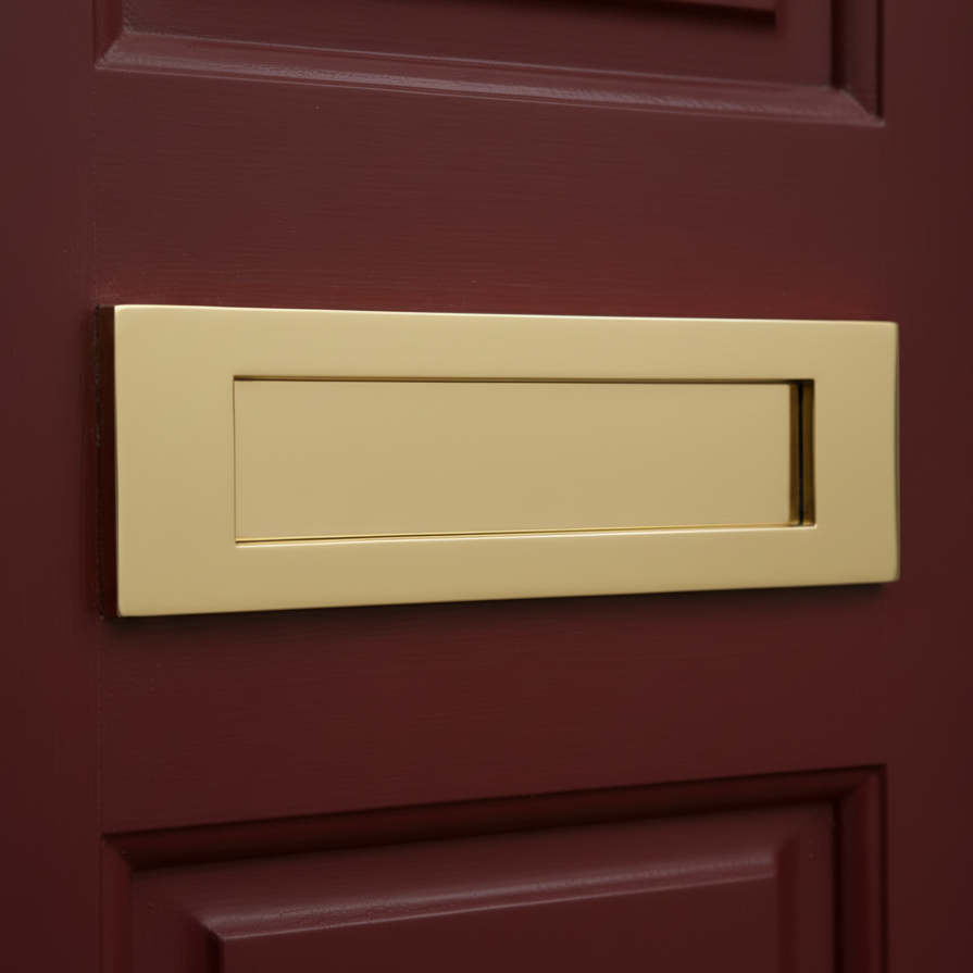 Satin brass letter plate on a red front door