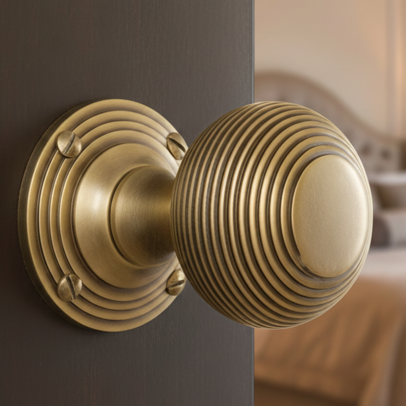 Heritage V971 Antique Brass Reeded Door Knobs 60mm