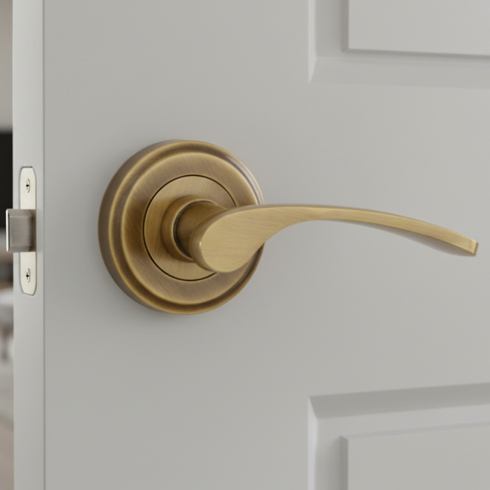 Antique brass Sophia curved lever on a stepped round rose, on a pale grey panelled door