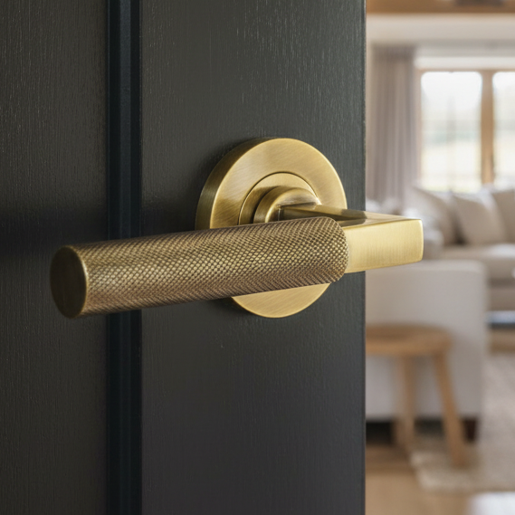 Antique brass lever with diamond knurling on a round rose, fitted to a dark charcoal door