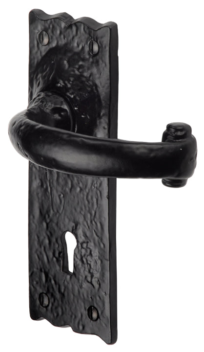 Tudor Colonial Black Antique Iron Curved Lever Keyhole Door Handles
