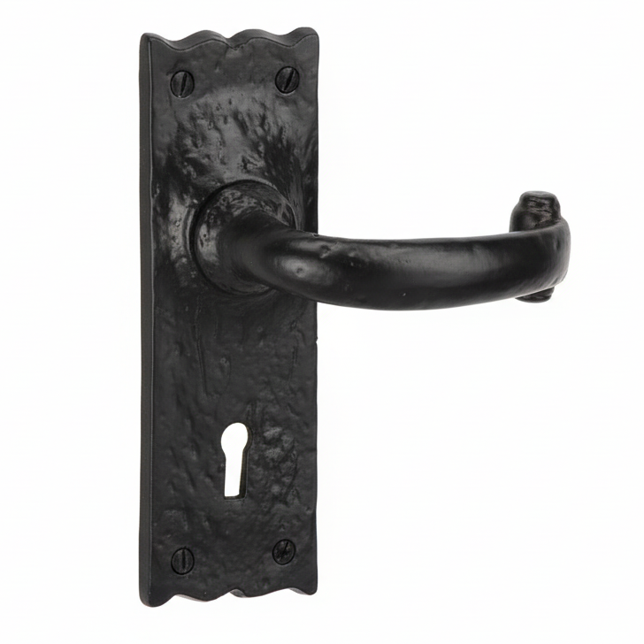 Tudor Colonial Black Antique Iron Curved Lever Keyhole Door Handles