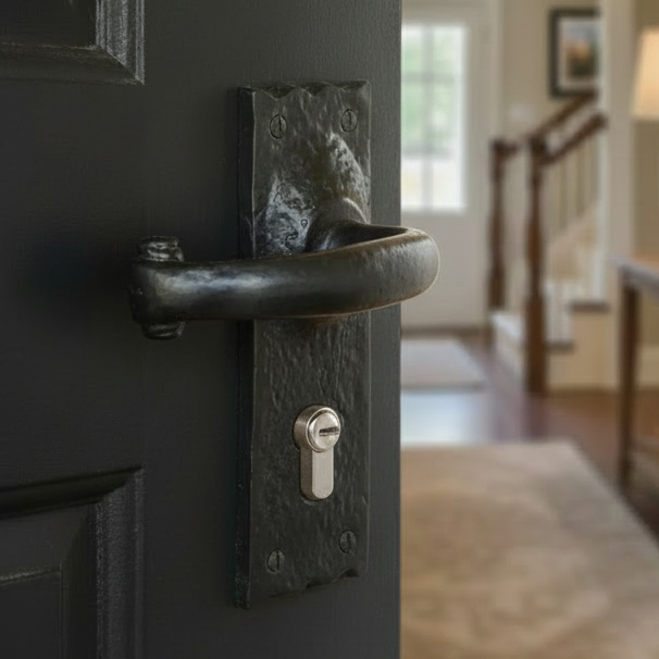 Tudor Colonial Black Antique Iron Curved Lever 48mm Euro Door Handles