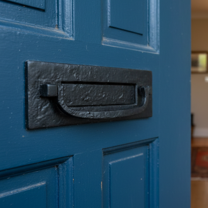 Black Antique Iron Tudor Letter Box with Knocker 12x4in (307x107mm)