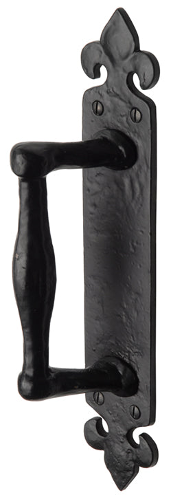 Black Antique Iron Tudor Door Pull Handle on Fleur de Lys Plate 259mm