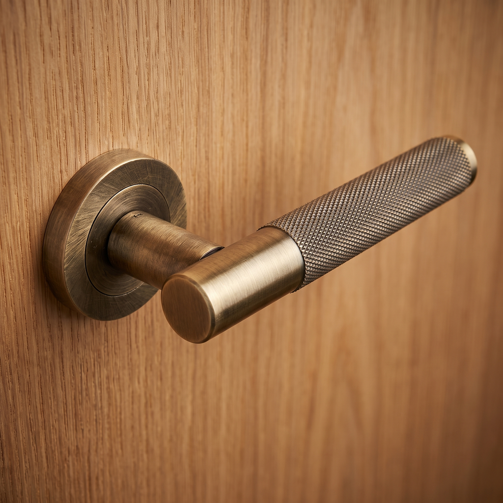 Bari Knurled Lever on Rose Antique Brass Door Handles