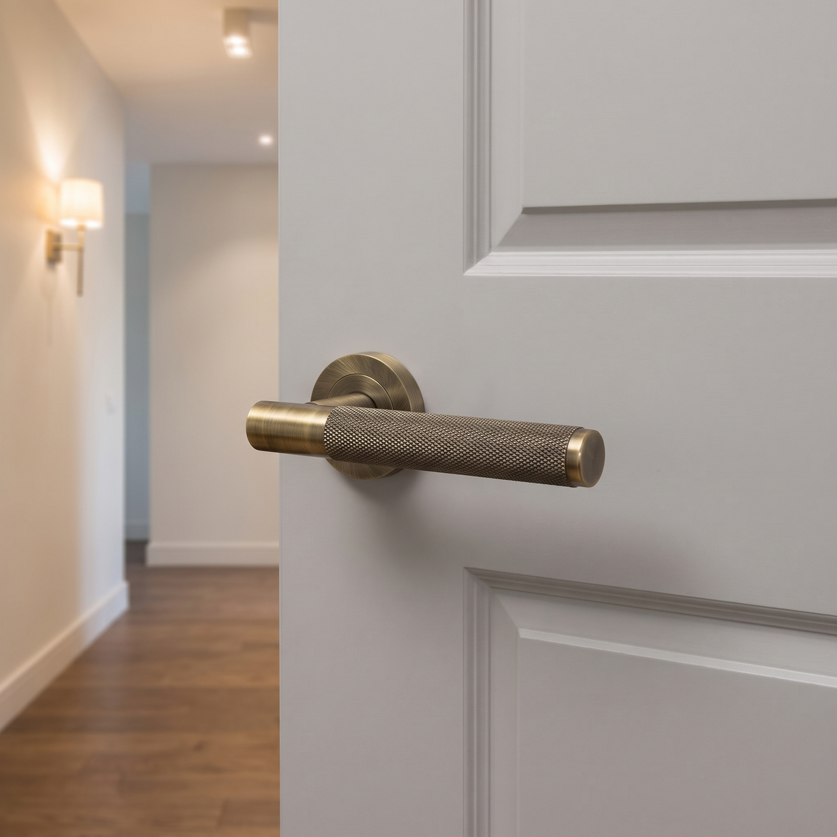 Bari Knurled Lever on Rose Antique Brass Door Handles