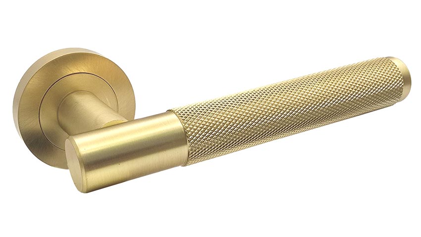 Bari Knurled Lever on Rose Satin Brass Door Handles