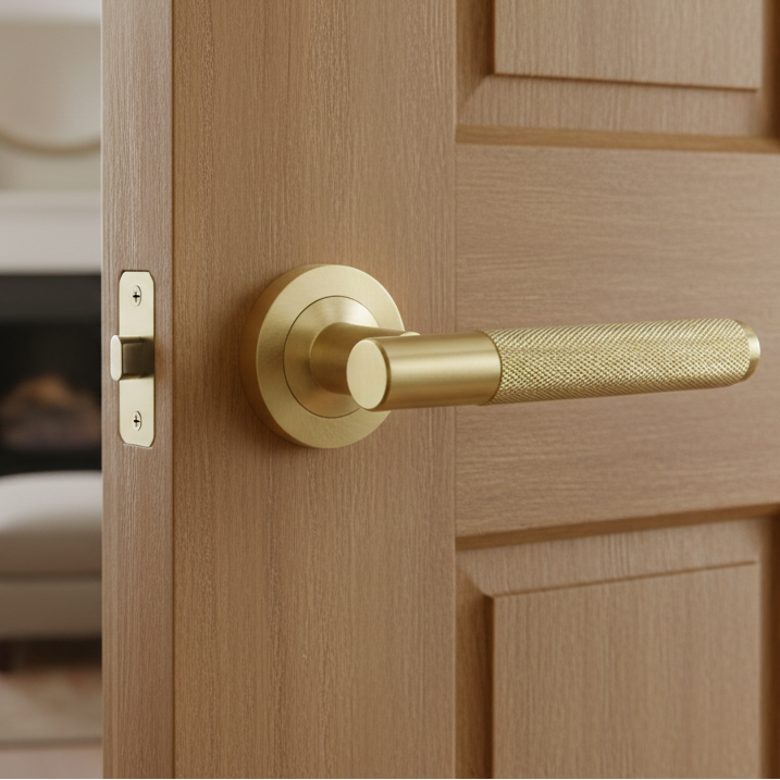 Bari Knurled Lever on Rose Satin Brass Door Handles