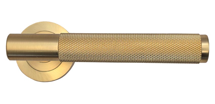 Bari Knurled Lever on Rose Satin Brass Door Handles