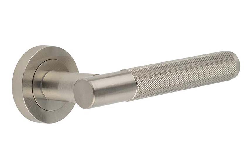 Bari Knurled Lever on Rose Satin NIckel Door Handles