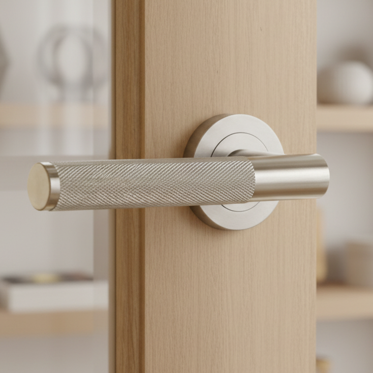 Bari Knurled Lever on Rose Satin NIckel Door Handles