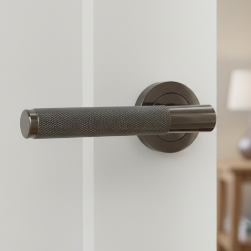 Bari Knurled Lever on Rose Black Nickel Door Handles