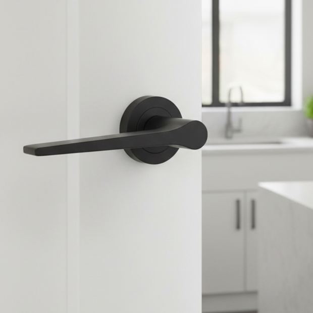Geo Tapered Lever on Rose Matt Black Door Handles