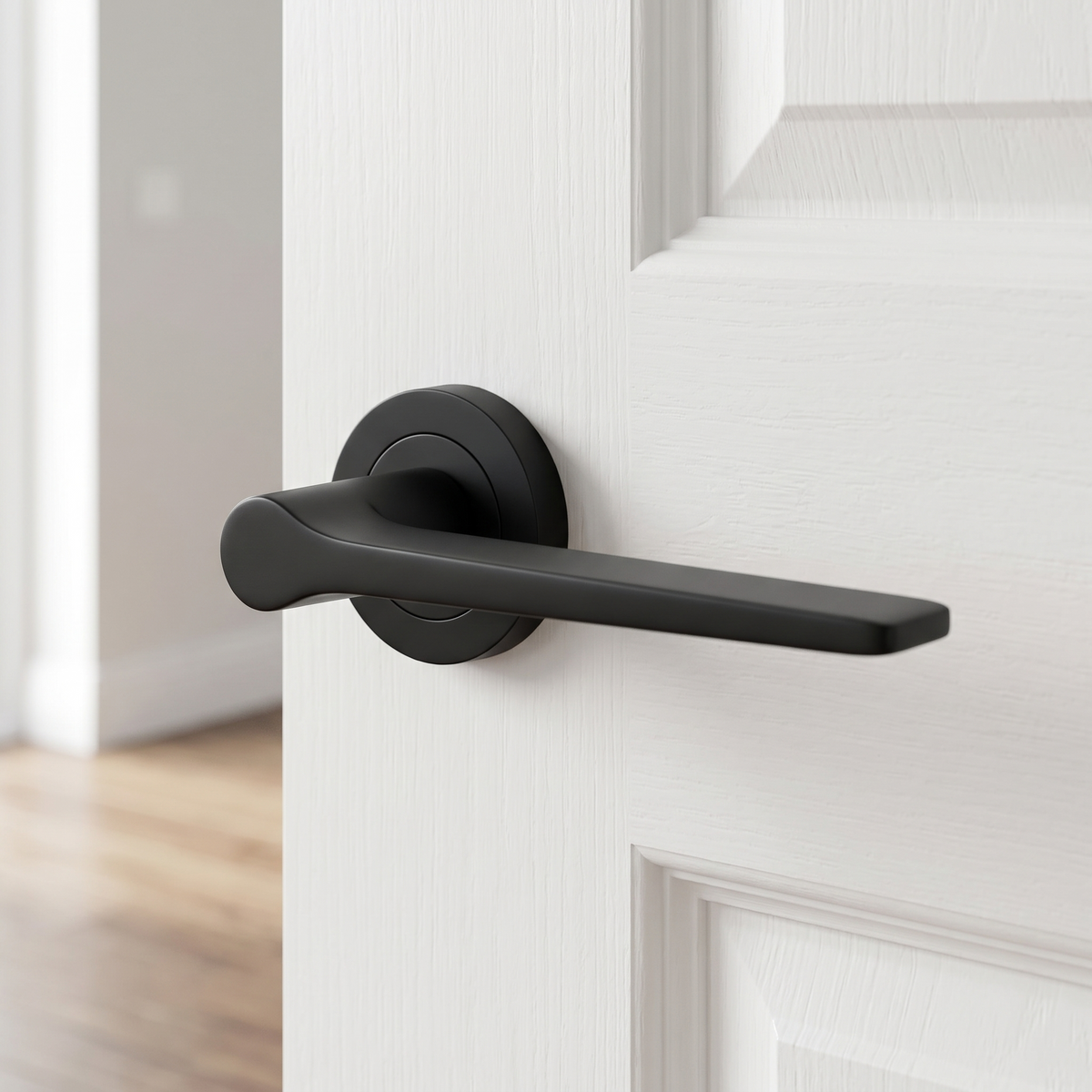 Geo Tapered Lever on Rose Matt Black Door Handles