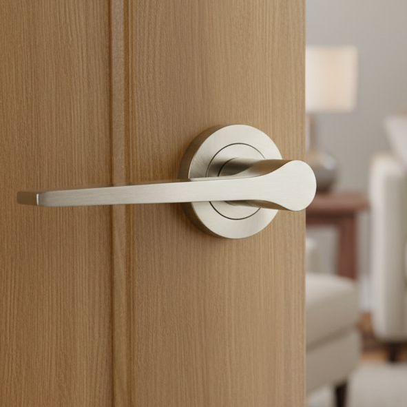 Geo Tapered Lever on Rose Satin Nickel Door Handles