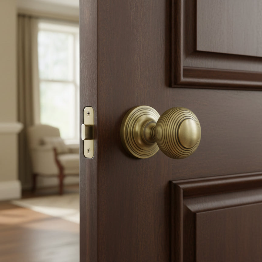 Antique Brass Reeded Rim Door Knobs 53mm