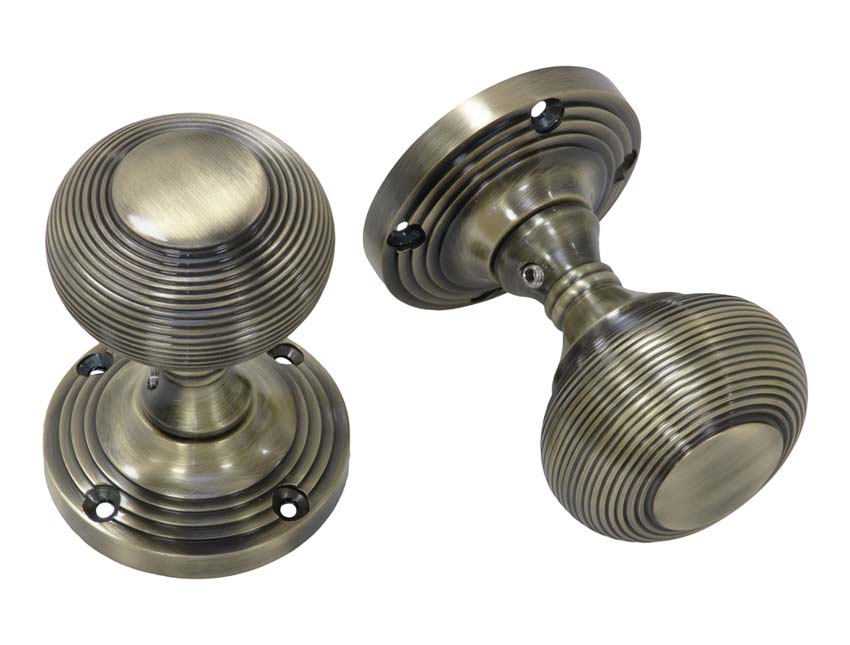 Antique Brass Reeded Mortice Door Knobs 50mm