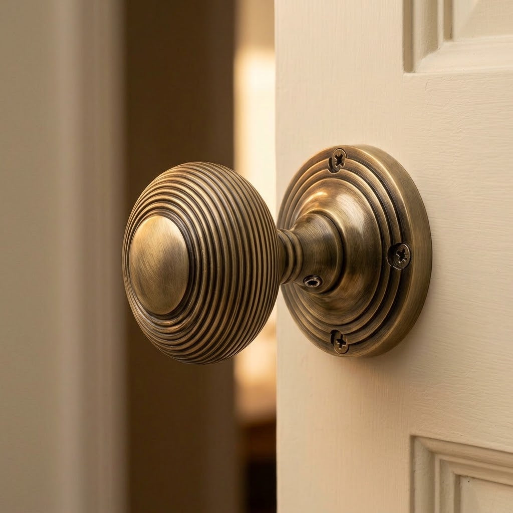 Antique Brass Reeded Mortice Door Knobs 55mm