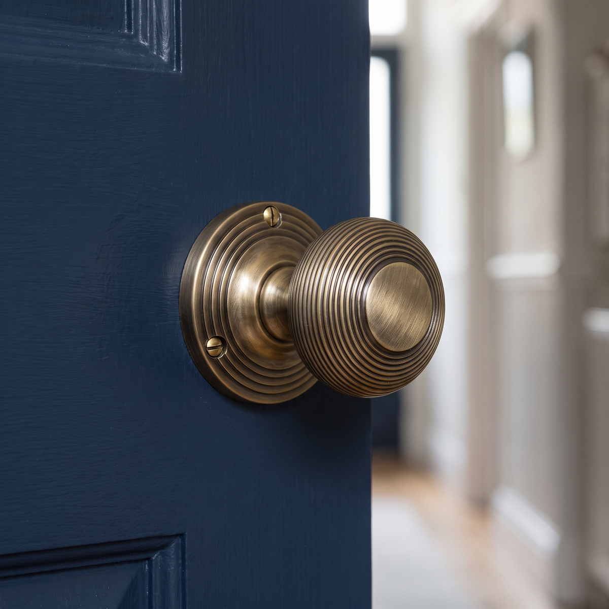 Antique Brass Reeded Mortice Door Knobs 55mm