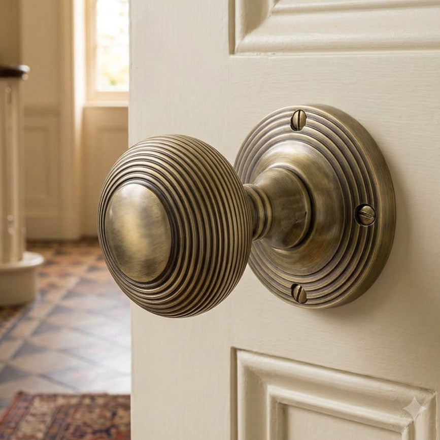 Antique Brass Reeded Mortice Door Knobs 50mm