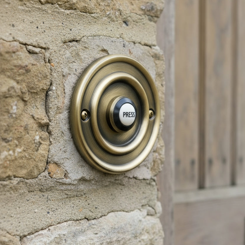 Antique Brass Circular Bell Push 76mm – Door Furniture Direct