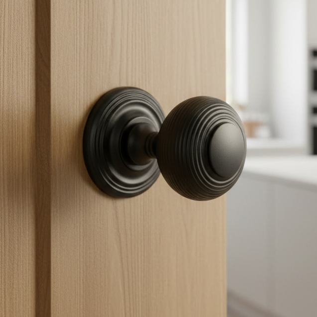 Matt Black 55mm Reeded Mortice Door Knobs