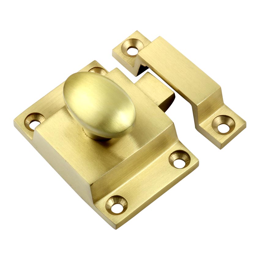Satin Brass Cupboard Catch with Oval Knob 55x40mm