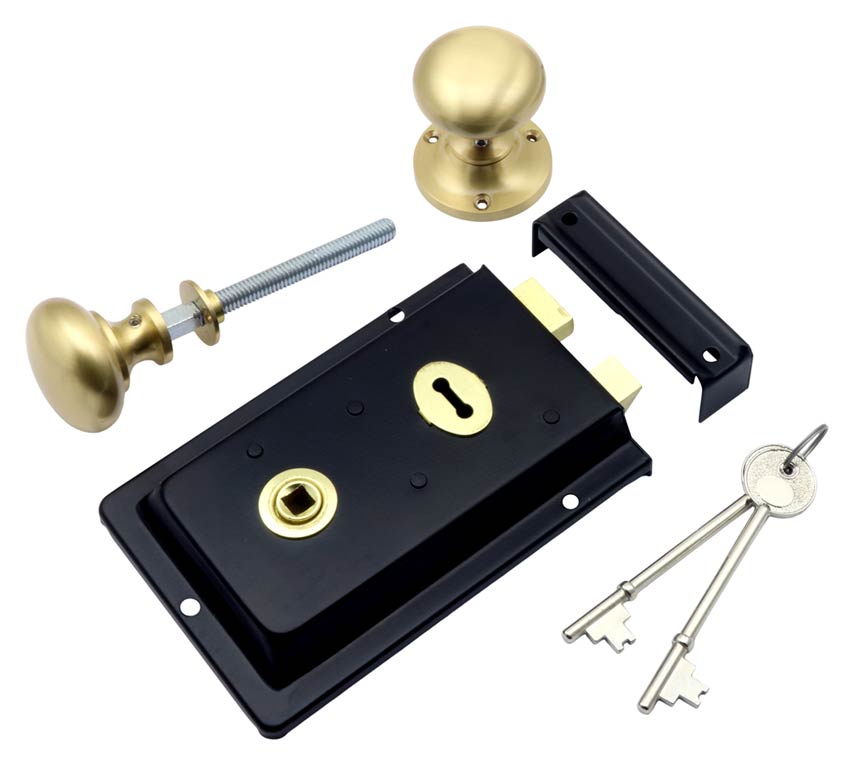 Black Rim Lock with Satin Brass Mushroom Rim Knobs Set