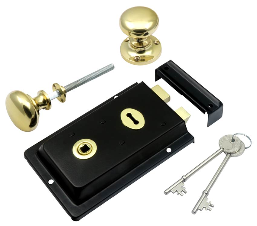 Black Rim Lock with Brass Mushroom Rim Knobs Set