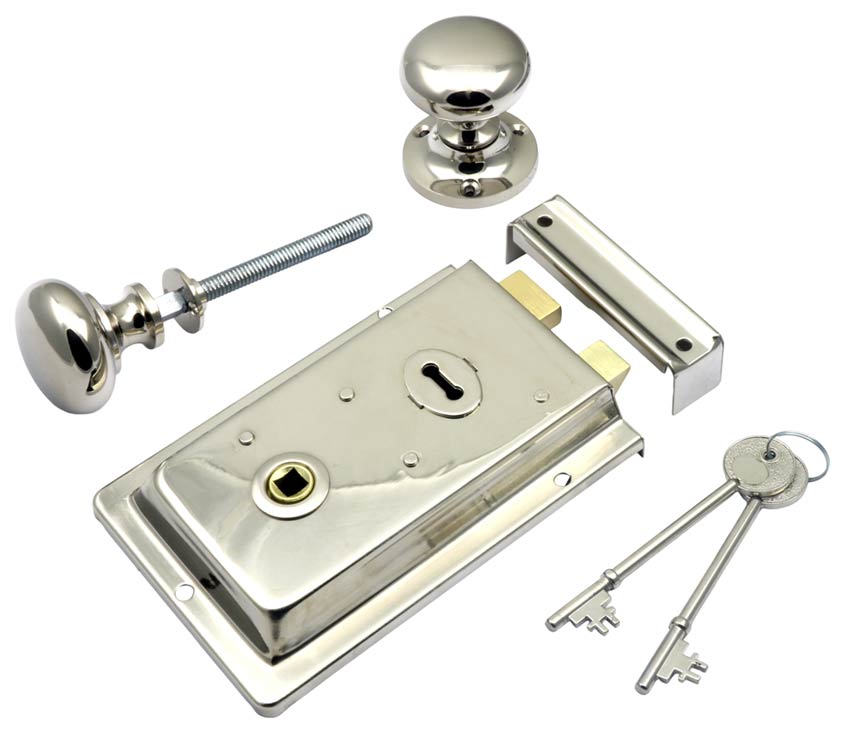 Polished Nickel Rim Lock and Mushroom Rim Knob Set