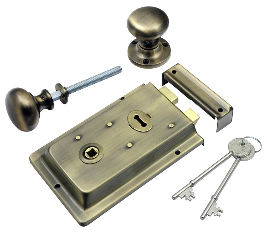 Antique Brass Rim Lock and Mushroom Rim Knobs Set