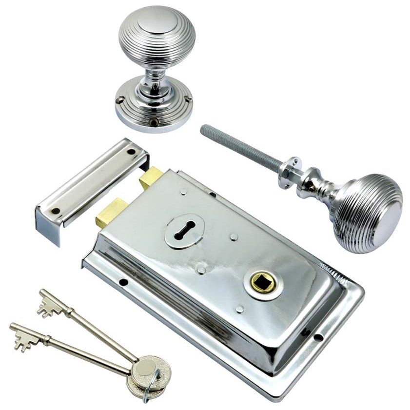 Polished Chrome Rim Lock and Reeded Rim Knob Set