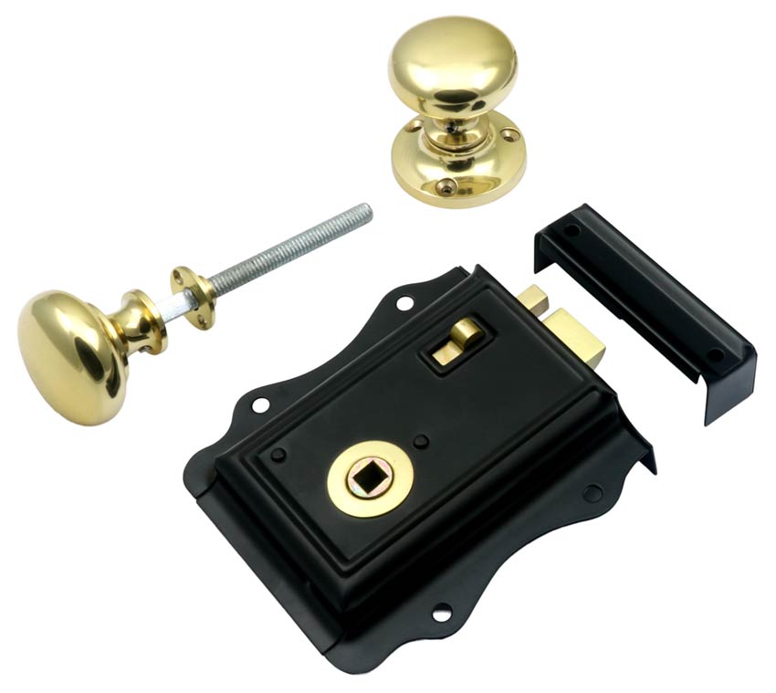 Black Fancy Rim Latch with Brass Mushroom Knobs