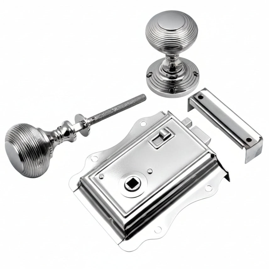 Polished Chrome Fancy Rim Latch and Reeded knobs