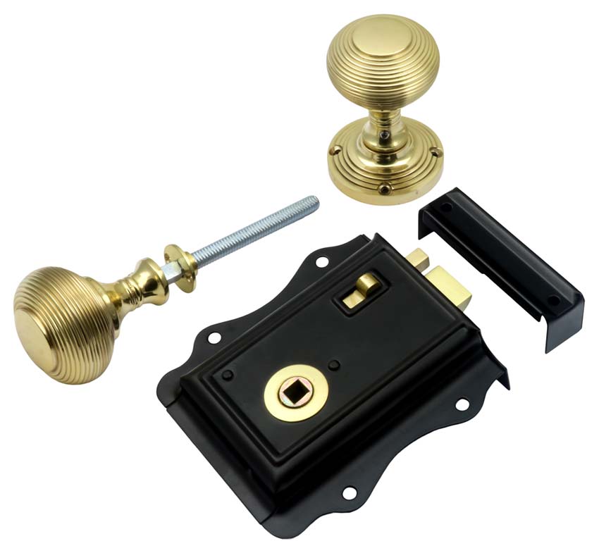 Black Fancy Rim Latch with Reeded Brass Knobs